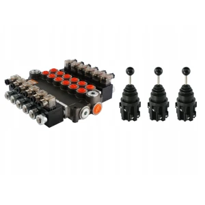Kettős működésű, 6 szekciós, elektromosan vezérelt, 40L-es, 24V-os hidraulikus elosztó, 3 elektromos joystickkal    