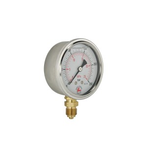 Glicerin üzemű manométer oldalsó csatlakozással, mérőóra átmérője 63 mm, nyomásmérési tartomány 0-160Bar