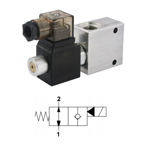 2-utas 2/2-es alaphelyzetben nyitott elektromos működtetésű hidraulikus szelep, egyirányú blokkolhatósággal. Menetek: 3/8” feszültség: 12V átáramlás: 40L / perc maximális nyomás: 300bar TS4