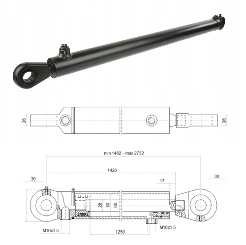 Kettős működésű hidraulikus munkahenger 50/28, hossz: 1482mm lökethossz: 1250mm