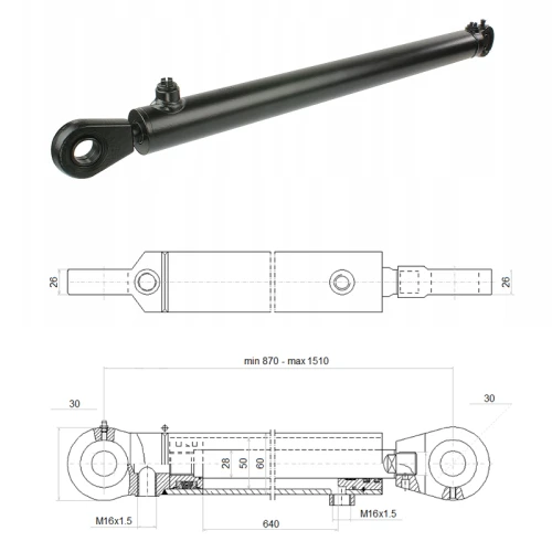 Kettős működésű hidraulikus munkahenger 50/28, hossz: 870mm lökethossz: 640mm