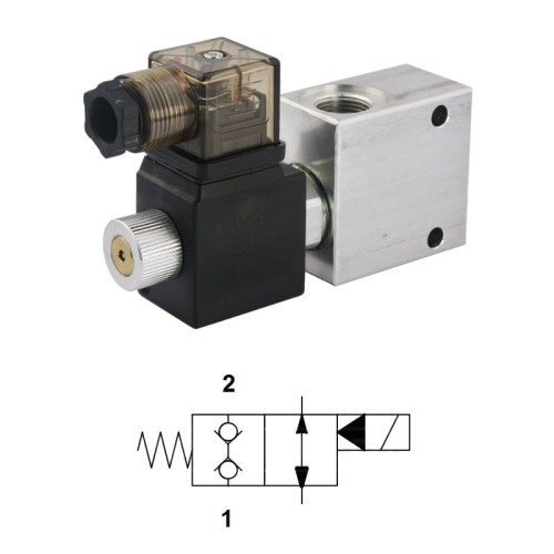 2-utas 2/2-es alaphelyzetben zárt elektromos működtetésű hidraulikus szelep, kétirányú blokkolhatósággal. Menetek: 1/2” feszültség: 12V átáramlás: 70L / perc maximális nyomás: 350bar