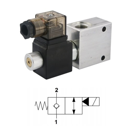 2-utas 2/2-es alaphelyzetben zárt elektromos működtetésű hidraulikus szelep, egyirányú blokkolhatósággal. Menetek: 3/8” feszültség: 12V átáramlás: 40L / perc maximális nyomás: 350bar