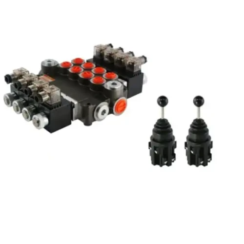 Kettős működésű, 4 szekciós, elektromosan vezérelt, 80L-es, 24V-os hidraulikus elosztó, 2 elektromos joystickkal