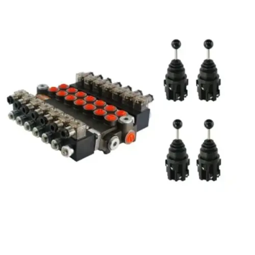 Kettős működésű, 7 szekciós, elektromosan vezérelt, 40L-es, 24V-os hidraulikus elosztó, 3 elektromos joystickkal