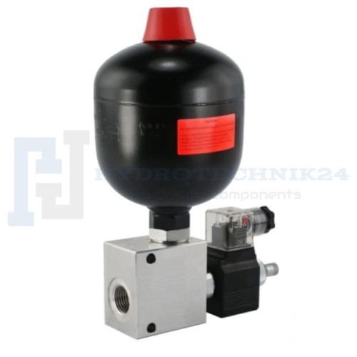 Membrános 0,35 literes, 24V-os elektromos leválasztó szeleppel ellátott hidraulikus akkumulátor. Töltési nyomás a szerint választás