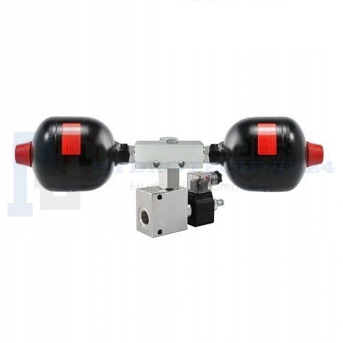 Dupla hidraulikus membrános akkumulátor, 2x 0,75 L-es, 12V-os elektromos leválasztó szeleppel ellátott, nyomás 30 és 70 baros