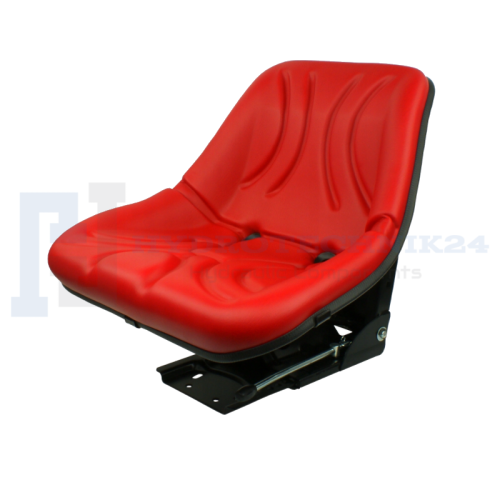 Egyrészes univerzális vezetőülés traktorokhoz és építőipari gépekhez, piros műbőr. Ülésszélessége 450 mm, teljes magasság: 620 mm