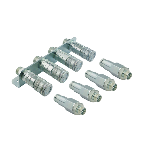 Teljes készlet sík hidraulikus gyorscsatlakozók, négy aljzat és dugó, olajveszteség nélkül. Rögzítő tábla a készletben. Menetméret: választható