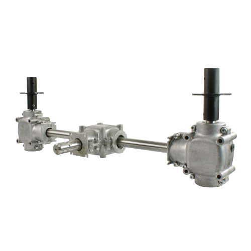 Három kúpos hajtómű egység kéttárcsás műtrágyaszóróhoz. Tengelytávolság: 770