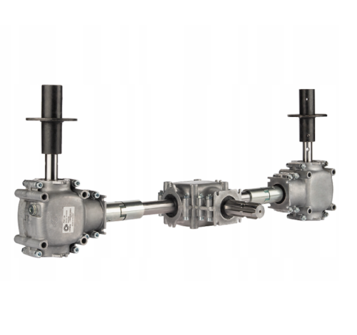 Három kúpos hajtómű egység kéttárcsás műtrágyaszóróhoz. Biztonsági kuplungokkal. Tengelytávolság: 770