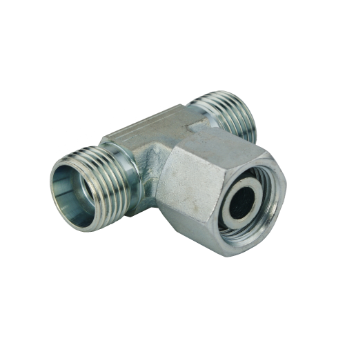 Hidraulika T idom, menet az egyik oldalon: külső, menet a másik oldalon: belső, menet a harmadik oldalon: külső