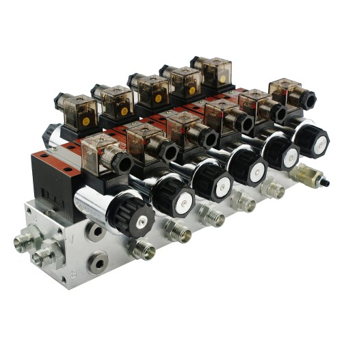 Elektromágneses vezérlőszelep CETOP 3-NG6, 12V, 50 l/perc. 5-szekciós