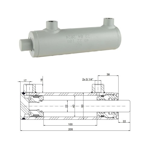 Kettős működésű hidraulikus munkahenger 40/22, lökethossz: 100mm, rögzítés nélküli standard