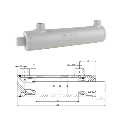 Kettős működésű hidraulikus munkahenger 40/22, lökethossz: 100mm, rögzítés nélküli standard