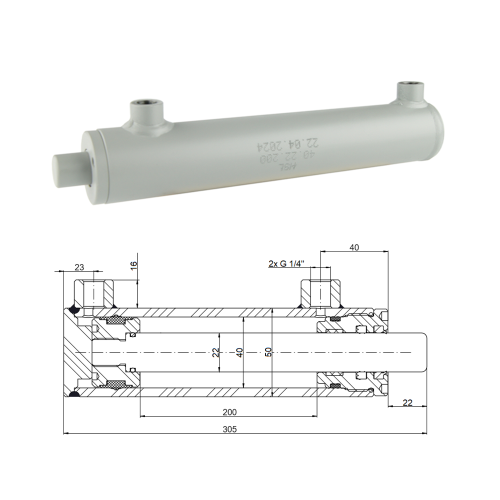 Kettős működésű hidraulikus munkahenger 40/22, lökethossz: 200mm, rögzítés nélküli standard
