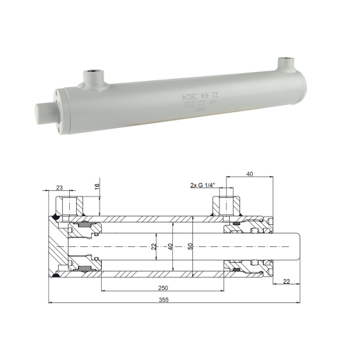 Kettős működésű hidraulikus munkahenger 40/22, lökethossz: 250mm, rögzítés nélküli standard