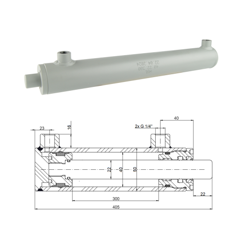 Kettős működésű hidraulikus munkahenger 40/22, lökethossz: 300mm, rögzítés nélküli standard