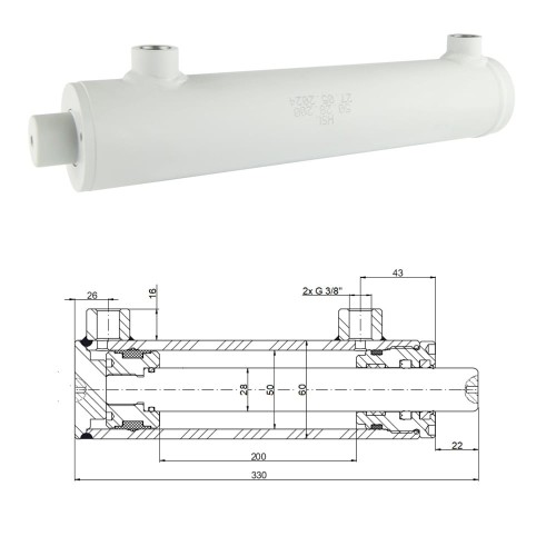 Kettős működésű hidraulikus munkahenger 50/28, lökethossz: 200mm, rögzítés nélküli standard