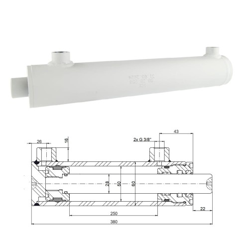 Kettős működésű hidraulikus munkahenger 50/28, lökethossz: 250mm, rögzítés nélküli standard