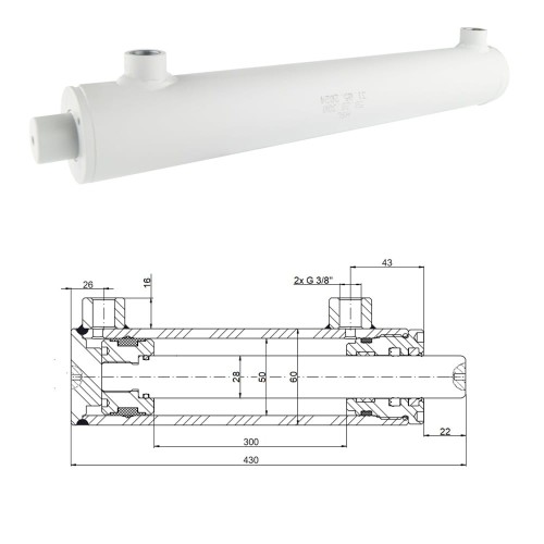 Kettős működésű hidraulikus munkahenger 50/28, lökethossz: 300mm, rögzítés nélküli standard