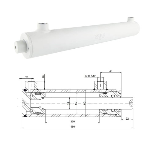 Kettős működésű hidraulikus munkahenger 50/28, lökethossz: 350mm, rögzítés nélküli standard