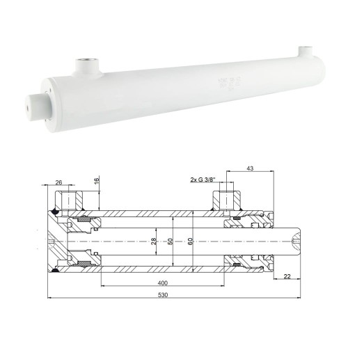 Kettős működésű hidraulikus munkahenger 50/28, lökethossz: 400mm, rögzítés nélküli standard