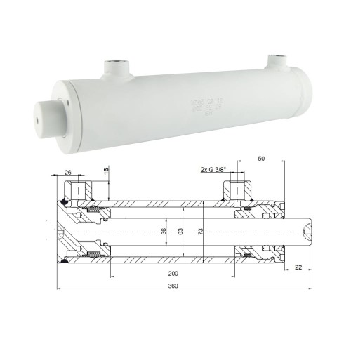 Kettős működésű hidraulikus munkahenger 63/36, lökethossz: 200mm, rögzítés nélküli standard