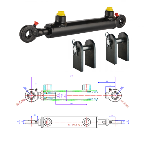 Kettős működésű hidraulikus munkahenger 25/16, hossz: 317mm lökethossz: 150mm rögzítőkonzollal