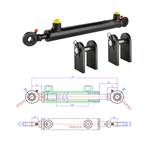 Kettős működésű hidraulikus munkahenger 25/16, hossz: 417mm lökethossz: 250mm rögzítőkonzollal