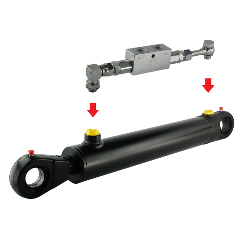 Kettős működésű hidraulikus munkahenger 63/36, hossz: 1182mm lökethossz: 900mm biztonsági szeleppel „zárral”