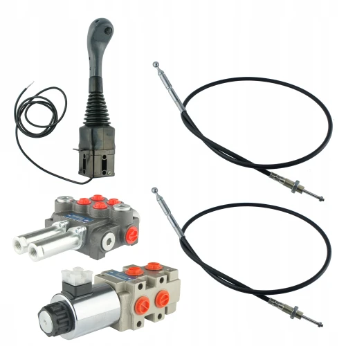 Hidraulikus elosztó 80L/perc 2-szekciós, elektromos szelep hidraulikus elválasztó 6/2 12V, joystick 1 gombbal, 2 Bowden-kötél a hidraulikus elosztóhoz - HT24