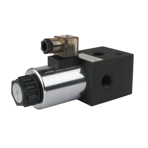 Elektromos működtetésű hidraulikus háromutas 3/2-es szelep menetek: 1/2” feszültség: 12V átáramlás: 80L/perc maximális nyomás: 210bar