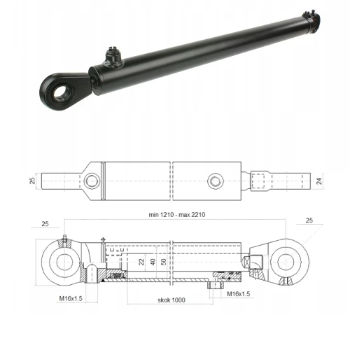 Kettős működésű hidraulikus munkahenger 40/22, hossz: 1210mm lökethossz: 1000mm