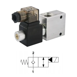 2-utas 2/2-es alaphelyzetben zárt elektromos működtetésű hidraulikus szelep, egyirányú blokkolhatósággal. Menetek: 3/8” feszültség: 230V átáramlás: 40L / perc maximális nyomás: 350bar