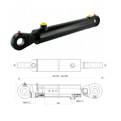 Kettős működésű hidraulikus munkahenger 63/36, hossz: 882mm lökethossz: 300mm