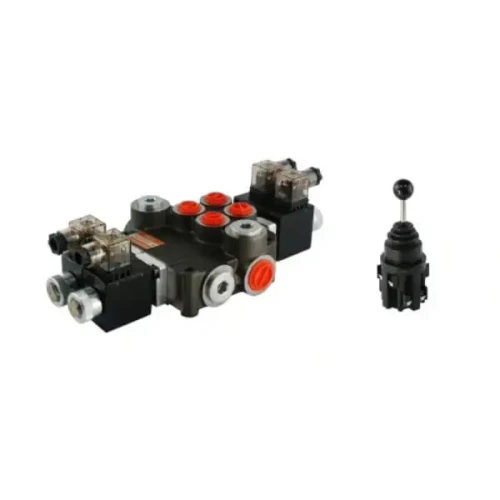 Kettős működésű, 2-szekciós, elektromosan vezérelt, 80L-es, 24V-os hidraulikus elosztó elektromos joystickkal