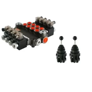 Kettős működésű, 4 szekciós, elektromosan vezérelt, 40L-es, 12V-os hidraulikus elosztó, 2 elektromos joystickkal 