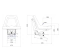 Egyrészes univerzális vezetőülés traktorokhoz és építőipari gépekhez, fekete műbőr. Ülésszélessége 475 mm, teljes magasság: 510 mm