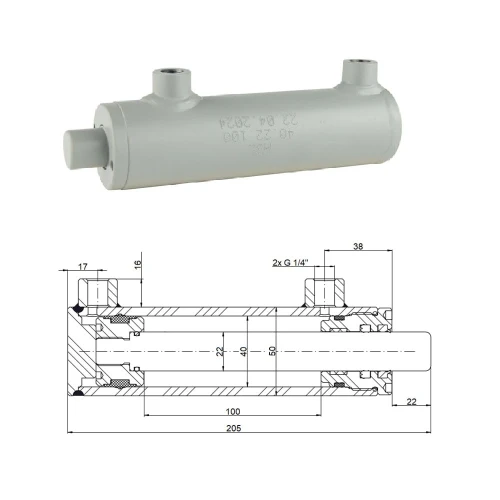 Kettős működésű hidraulikus munkahenger 40/22, lökethossz: 100mm, rögzítés nélküli standard