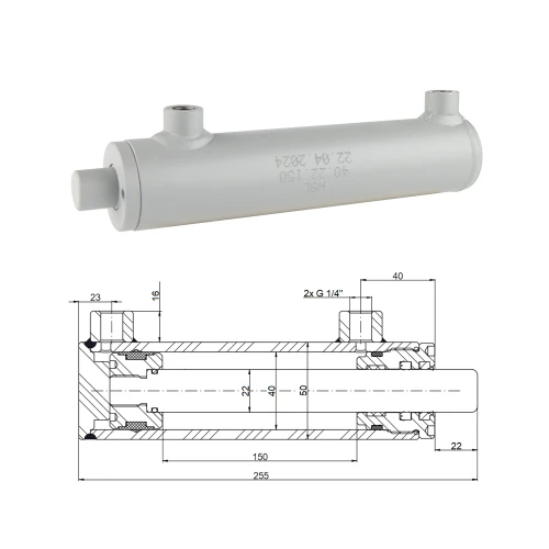 Kettős működésű hidraulikus munkahenger 40/22, lökethossz: 100mm, rögzítés nélküli standard