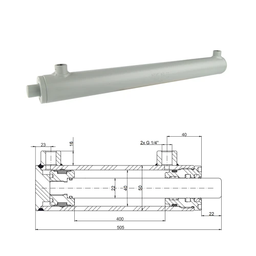 Kettős működésű hidraulikus munkahenger 40/22, lökethossz: 400mm, rögzítés nélküli standard