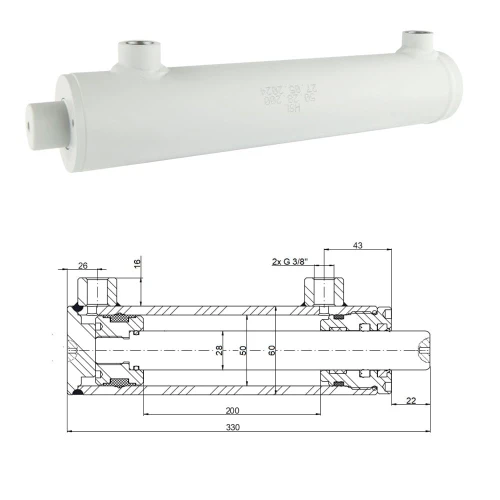 Kettős működésű hidraulikus munkahenger 50/28, lökethossz: 200mm, rögzítés nélküli standard