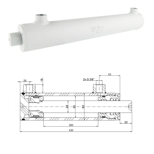 Kettős működésű hidraulikus munkahenger 50/28, lökethossz: 300mm, rögzítés nélküli standard