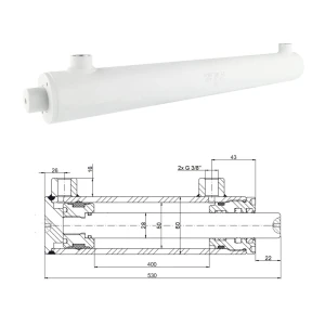 Kettős működésű hidraulikus munkahenger 50/28, lökethossz: 400mm, rögzítés nélküli standard   