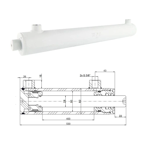 Kettős működésű hidraulikus munkahenger 50/28, lökethossz: 400mm, rögzítés nélküli standard
