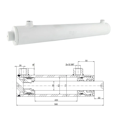 Kettős működésű hidraulikus munkahenger 63/36, lökethossz: 400mm, rögzítés nélküli