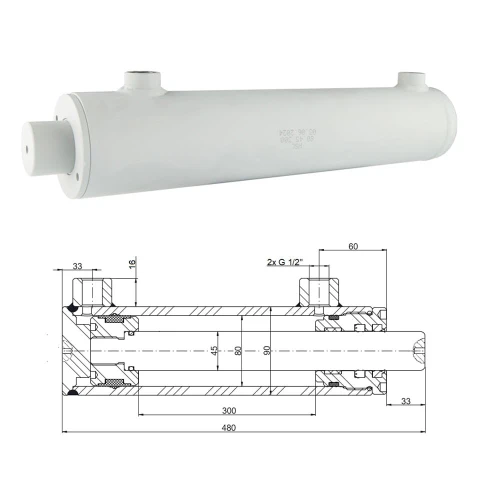 Kettős működésű hidraulikus munkahenger 80/45, lökethossz: 300mm, rögzítés nélküli