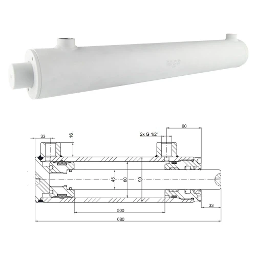 Kettős működésű hidraulikus munkahenger 80/45, lökethossz: 500mm, rögzítés nélküli