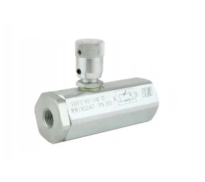 VRFU 90C hordós szelep állítható fojtószeleppel egy irányba. Menetekkel: 1/4”, térfogatáram: 17L/perc, maximális nyomás: 250bar